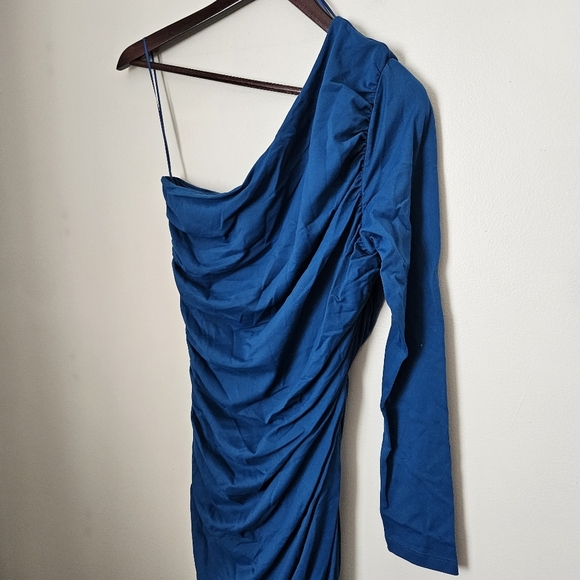 Susana Monaco Dress One Shoulder Ruched Sides Peacock Tulip Hem Mini Cocktail - Picture 3 of 12